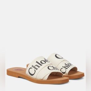 Chloe Woody Linen Sandals, White Canvas, Luxury Designer Slides, Size 40